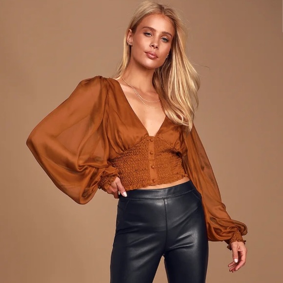 Lulus Tops - Lulus Brown Button-Front Smocked Crop Top
